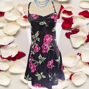 90s Vintage Black Velvet Mini Dress, Purple Roses, Size Small